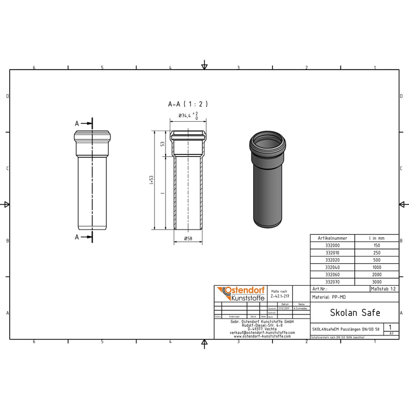 Gebr. Ostendorf - Safe Rohr DN/OD58 2000mm mit einer Muffe