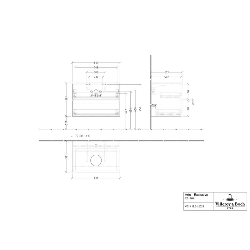 VILLEROY & BOCH - Konsolen-Unterschrank 800mm f AWT 2 Ausz 1 Aussch mLB C516H1 RR Macciato