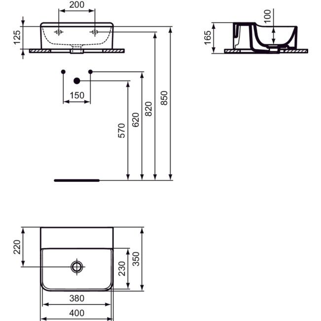 Ideal Standard - Handwaschbecken CONCA, o.Hl., o.Ül., 400x350x145mm, geschliffen, Weiß m.IP