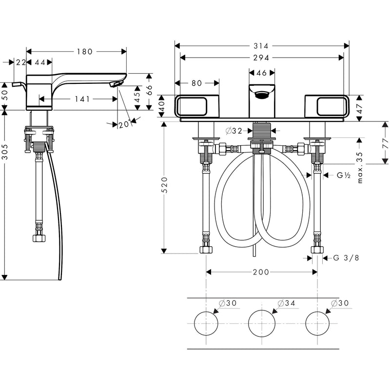 Hansgrohe - 3-Loch Waschtischarmatur 50 AXOR Urquiola Standmodell chrom mit Platte