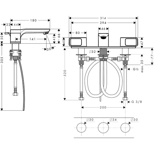 Hansgrohe - 3-Loch Waschtischarmatur 50 AXOR Urquiola Standmodell chrom mit Platte