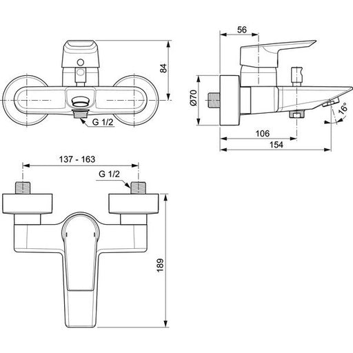 Ideal Standard - Badearmatur AP TESI, Ausld. 154mm, Chrom