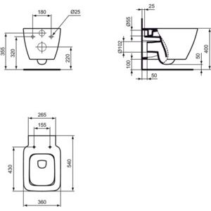 Ideal Standard - Wand-T-WC STRADA II, AquaBlade, unsichtbare Bef., 360x540x350mm, Weiß