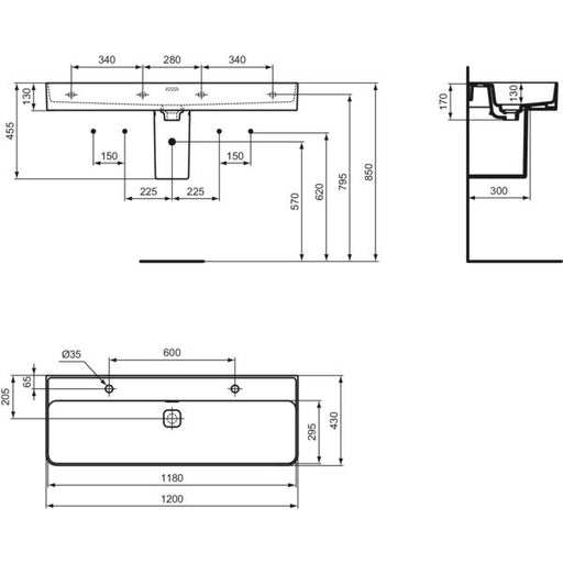 Ideal Standard - Waschtisch STRADA II, 2 Hl.re.u.li. , m. ÜL., 1200x430x170mm, Weiß m. IP