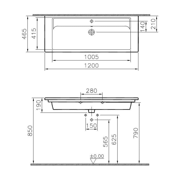 VitrA Bad - Möbelwascht. Integra 1200 x 465 mm 1 Becken 1 Hahnloch 1 Überlauf Weiß HGL