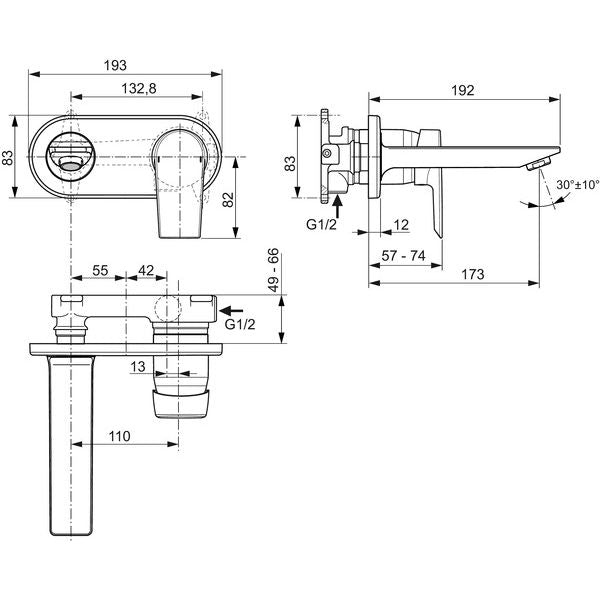 Ideal Standard - Wand-WT-Armatur UP TESI, 5 l/min., Bausatz 2,Ros.193x83mm,Ausld.173mm,Chrom