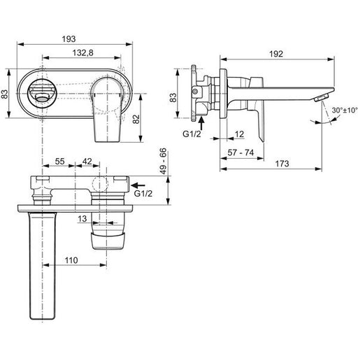 Ideal Standard - Wand-WT-Armatur UP TESI, 5 l/min., Bausatz 2,Ros.193x83mm,Ausld.173mm,Chrom