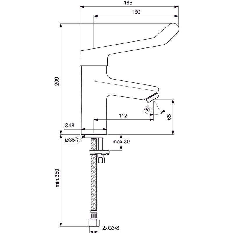 Ideal Standard - WT-Armatur CERAPLUS 2, m. Klinikhebel ohne Ablaufgarn., Ausld. 112mm, Chrom