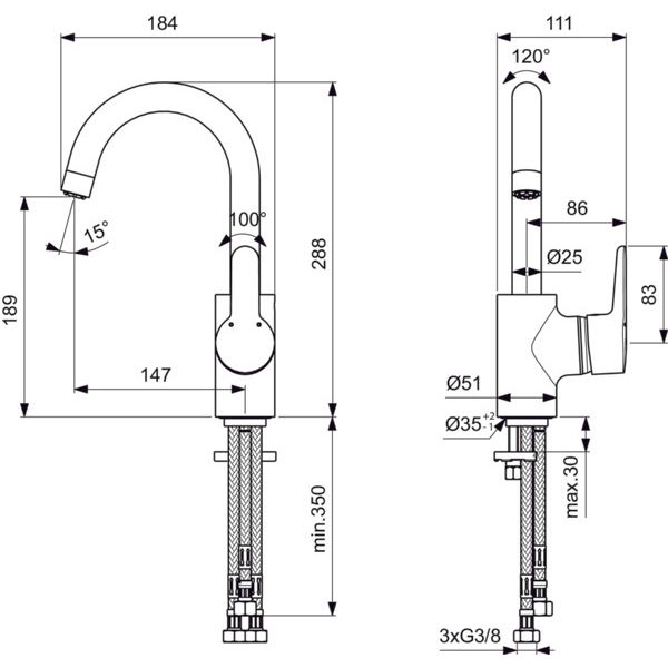 Ideal Standard - Waschtisch EHM ND CONNECT BLUE B9934 mit hohem Auslauf chrom