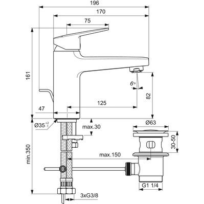 Ideal Standard - Waschtischarmatur ND CERAPLAN H85 m.Ablaufgarn. Ausld.124mm Chrom