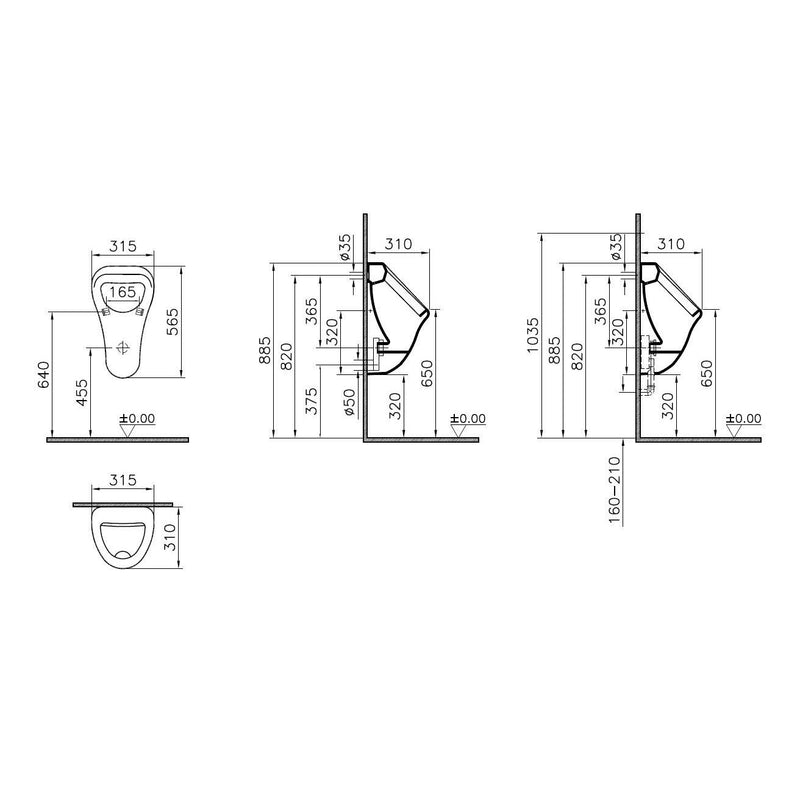 VitrA Bad - Urinal Arkitekt 315 x 310 x 565 mm Zulauf hinten Universal-Ablauf Weiß HG