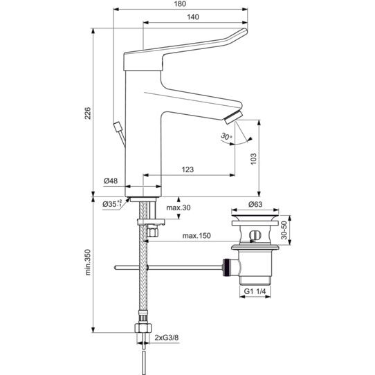 Ideal Standard - WT-Armatur CERAPLUS 2, Grande m.Bügelgriff,m.Ablgarn.,Ausld.123mm, Chr