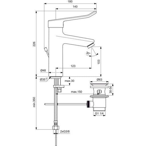 Ideal Standard - WT-Armatur CERAPLUS 2, Grande m.Bügelgriff,m.Ablgarn.,Ausld.123mm, Chr