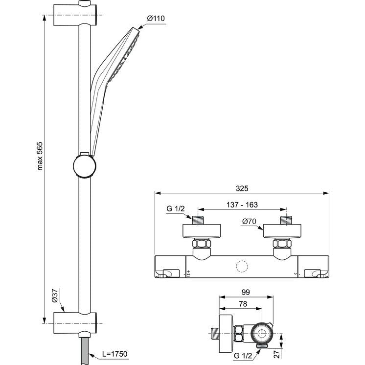Ideal Standard - Brausetherm.AP CERATHERM50,Ausld78mm, m.Brausegarnitur, Br.Stg.60mm, Chrom