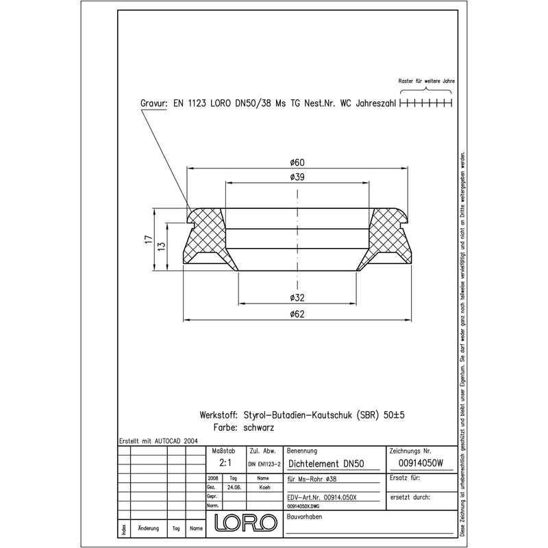 Lorowerk - LORO-X-Dichtelement 00914. DN 50 für 38mm MS-Rohr u.PVC-Sifon 40mm