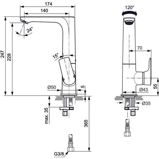 Ideal Standard - WT-Arm.CONNECT AIR,5l/min,o.Ablgarn., m.h.schwenkb.Ausl.,Ausld.140mm,Bl.silver