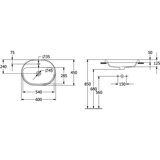 VILLEROY & BOCH - Einbauwaschbecken Architectura 600x 450mm Oval 1HL. mit Überlauf Weiß Alpin