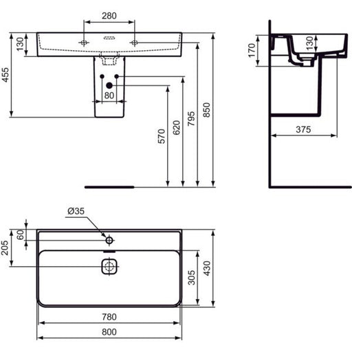 Ideal Standard - Waschtisch STRADA II, 1 Hl., m.Ül., 800x430x170mm, Weiß