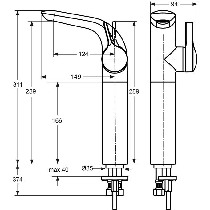Ideal Standard - Waschtischarmatur MELANGE,o.Ablgarn., m.verl.Sockel, Ausld. 124mm, Chrom