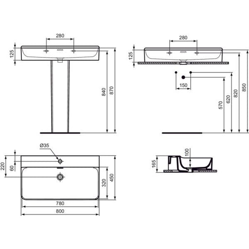 Ideal Standard - Waschtisch CONCA, 1 Hl., m.Ül., 800x450x165mm, geschliffen, Weiß m.IP