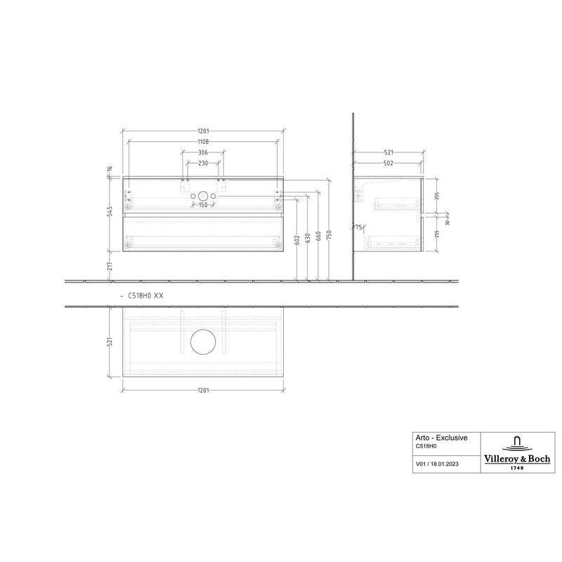 VILLEROY & BOCH - Konsolen-Unterschrank 1200mm f AWT 2 Ausz 1 Aussch oLB C518H0 VS White