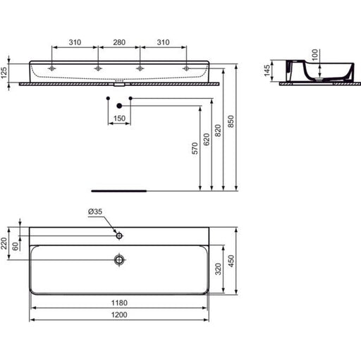 Ideal Standard - Waschtisch CONCA, 1 Hl., o.Ül., 1200x450x145mm, Weiß