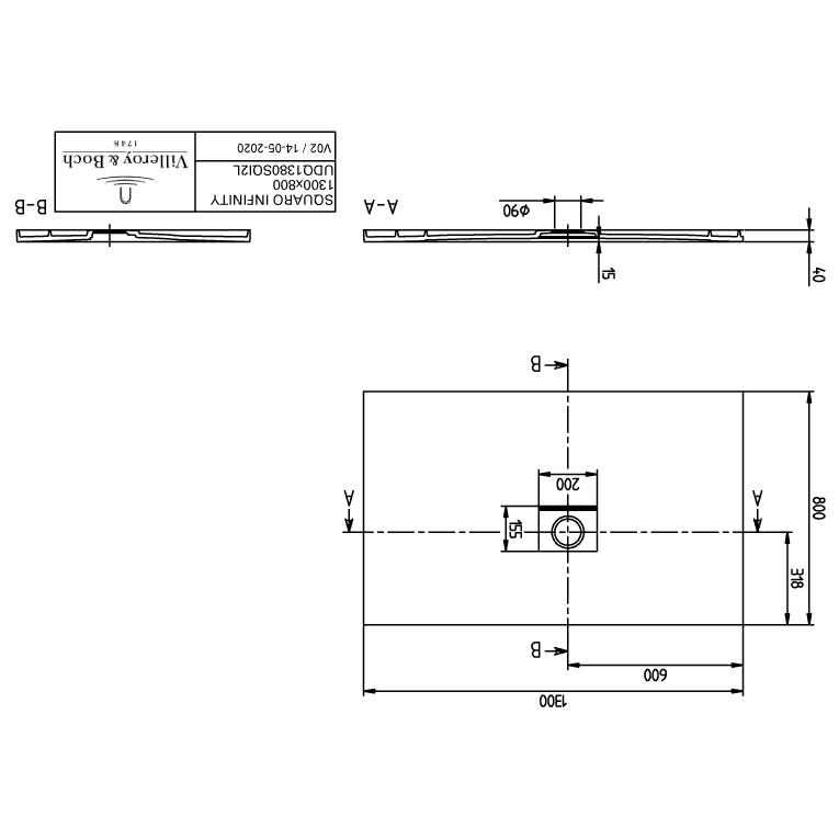 VILLEROY & BOCH - Duschwanne Squaro Infinity 1300x800x40mm re-eckig EB:li Anthracite