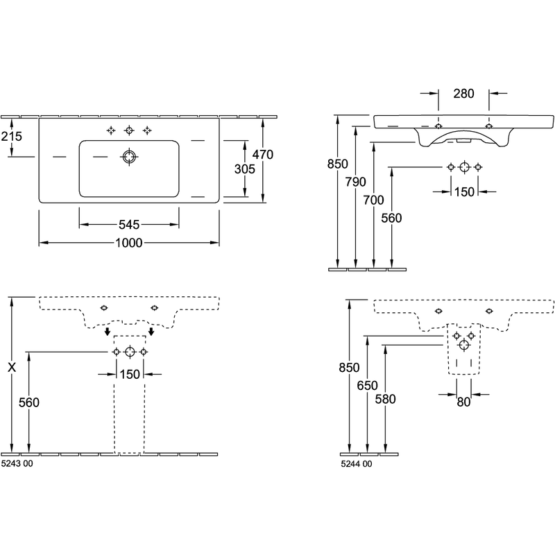 VILLEROY & BOCH - Schrankwaschtisch Subway 2.0 1000x 480mm Rechteck 1HL. m. ÜL. Weiß Alpin