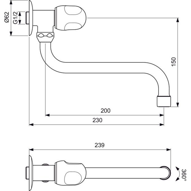 Ideal Standard - Wandventil Ausladung 230mm ALPHA B2045A m.schwenkb. Auslauf chrom