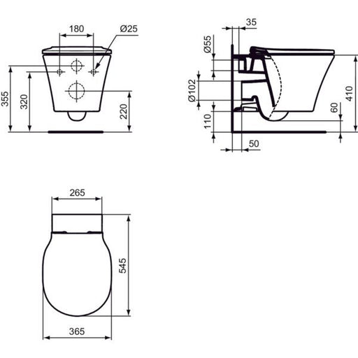 Ideal Standard - Wand-T-WC-Kombipaket Connect Air, AQUABLADE,mit Softclosing,360x540mm,Weiß