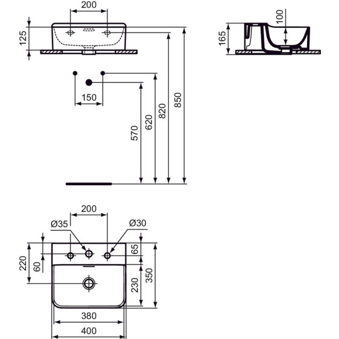 Ideal Standard - Handwaschbecken CONCA, 3 Hl., m.Ül., 400x350x165mm, Weiß