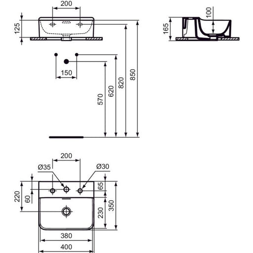 Ideal Standard - Handwaschbecken CONCA, 3 Hl., m.Ül., 400x350x165mm, Weiß