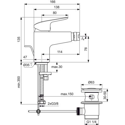 Ideal Standard - Bidetarmatur CERAFLEX, Ausld. 114mm mit Ablaufgarnitur aus Kunststoff, chrom