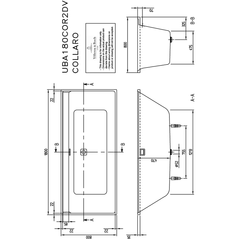 VILLEROY & BOCH - Badewanne Collaro 1800x800x620mm re-eckig m. Sys AE TP2 Zul. Stone White