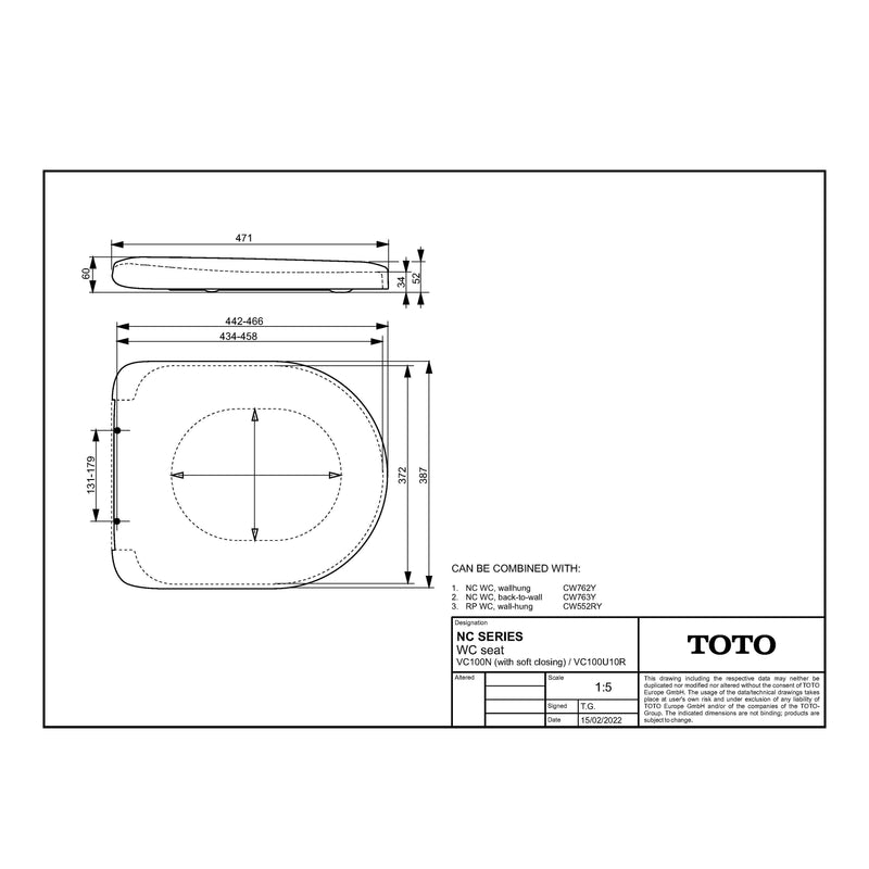 TOTO - Hamberger WC-Sitz NC VC100N, Absenkautomatik weiß mit Edelstahl-Scharnieren