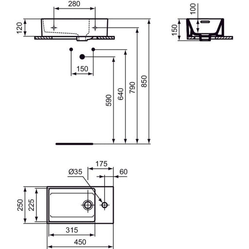 Ideal Standard - Handwaschbecken EXTRA, 1 Hl., m.Ül., Ablg.re.,450x250x150mm,geschliffen, Weiß