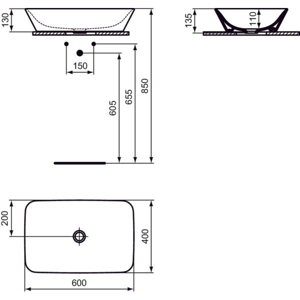Ideal Standard - Schale CONNECT AIR, rechteckig, o.Hl., o.Ül., 600x400x135mm, Weiß