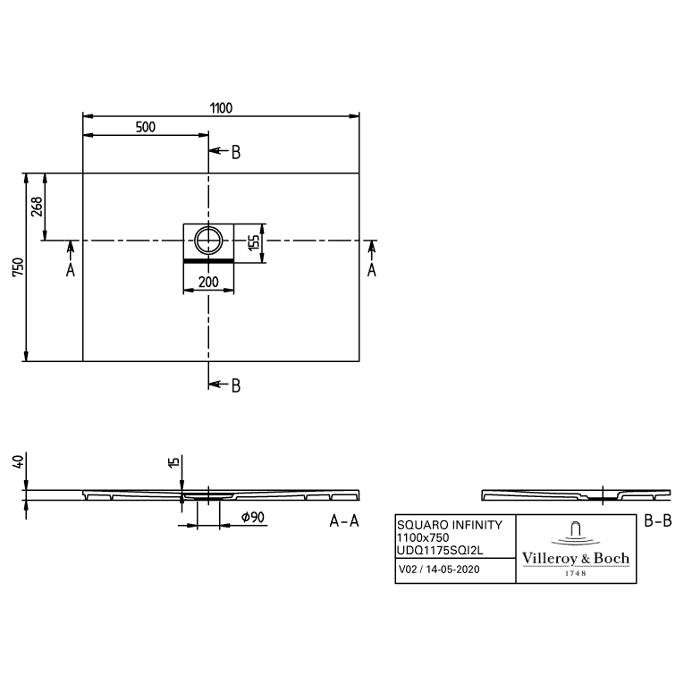VILLEROY & BOCH - Duschwanne Squaro Infinity 1100x750x40mm re-eckig EB:li Stone White