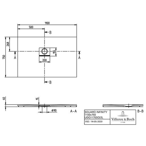 VILLEROY & BOCH - Duschwanne Squaro Infinity 1100x750x40mm re-eckig EB:li Stone White