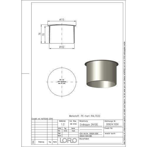 Lorowerk - Verschlusskappen 00924. DN 100, aus Kunststoff