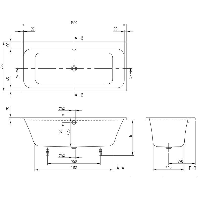VILLEROY & BOCH - Badewanne Architectura 157ARE2A2 re-eckig m. System AC TP2 Weiß Alpin
