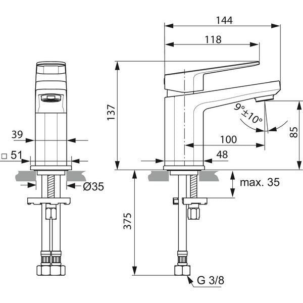 Ideal Standard - Waschtischarmatur TONIC II, 5 l/min., Piccolo, o.Ablgarn., Ausld. 100mm, Chrom