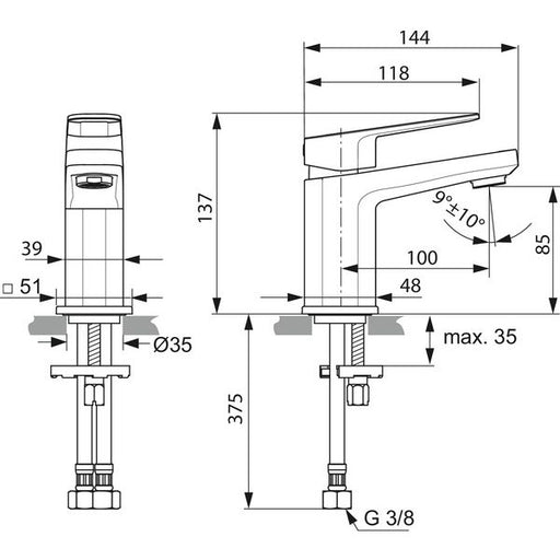 Ideal Standard - Waschtischarmatur TONIC II, 5 l/min., Piccolo, o.Ablgarn., Ausld. 100mm, Chrom