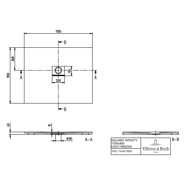 VILLEROY & BOCH - Duschwanne Squaro Infinity 1100x900x40mm re-eckig Stone White