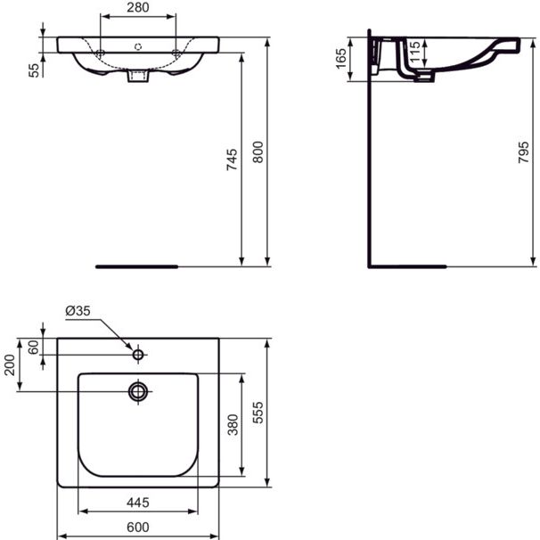 Ideal Standard - Waschtisch CONNECT FREEDOM,1Hl.,m.Ül. ,unterfahrbar, 600x555x165mm,Weiß mit IP