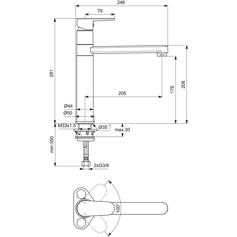 Ideal Standard - Küchenarmatur CERAFINE O, H180, m.hohem Rohrausl., Ausld.205 mm, Chrom