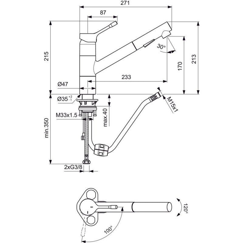 Ideal Standard - Küchenarmatur CERALOOK, m.herausz.HB, Ausld.233mm, Chrom