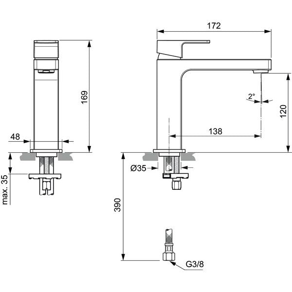 Ideal Standard - Waschtischarmatur EDGE, Grande Slim, 5 l/min., o.Ablgarn., Ausld.138mm, Chrom