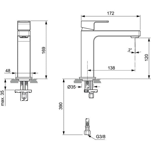 Ideal Standard - Waschtischarmatur EDGE, Grande Slim, 5 l/min., o.Ablgarn., Ausld.138mm, Chrom