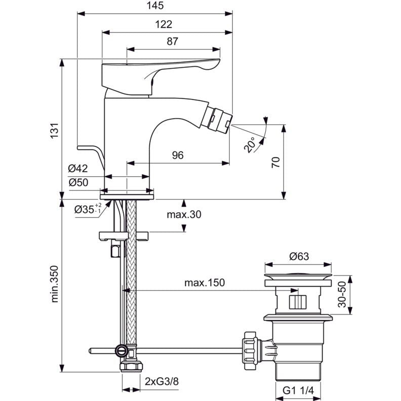 Ideal Standard - Bidetarmatur ALPHA, m.Ablgarn., Ausladung 96mm, Chrom
